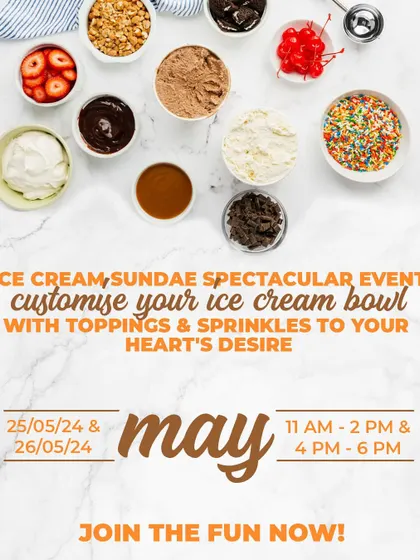 This poster for our May 'Ice Cream Sundae Spectacular' event shows a variety of toppings and sprinkles you can customize your ice cream bowl with.