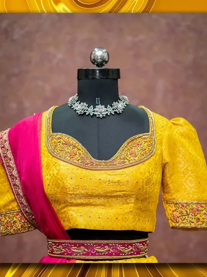 A bright yellow brocade blouse paired with a pink skirt, a vibrant rental option for festive events.