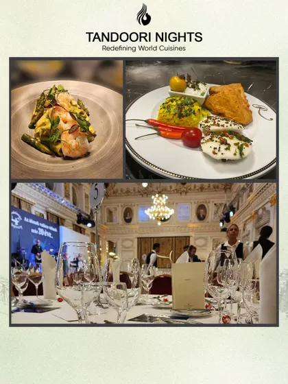 A collage from our destination event in Budapest, showing the elegant sit-down dinner setting and the gourmet Indian dishes we served to international guests.