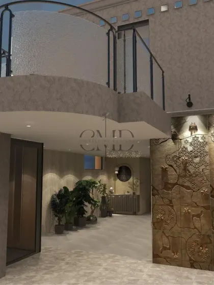 The terrace design includes a dramatic curved upper level and textured stone walls, creating a truly luxurious outdoor experience.