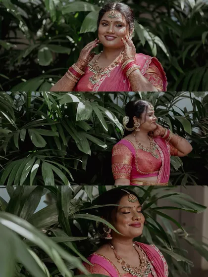A collage of a bride's portraits, capturing her serene and happy moments on her betrothal day.