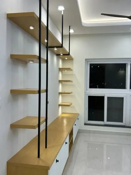 A duplicate of ID 101, this image shows the sleek, modern TV unit with its unique shelving and integrated lighting.