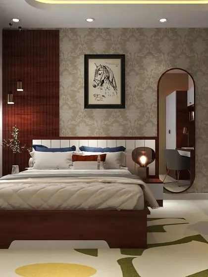 This view shows the full context of the bedroom, including the bed, a full-length mirror, and the integrated study area, demonstrating a complete and thoughtful design.