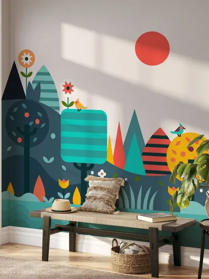 Our Modern Figurative Landscape wallpaper turns this entryway into a colorful and imaginative scene. The abstract design is a playful and artistic way to welcome guests.