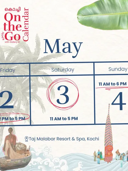 The May calendar marking the dates for our 'On The Go' event in Kochi. We are bringing curated pieces all the way from Bengaluru because we believe art belongs everywhere.