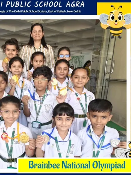 A group of talented students from the Handwriting competition at DPS Agra with their 2024 medals.