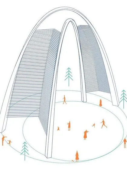 A conceptual sketch of the Science City Arch. This diagram illustrates how the arch creates a defined public space at its base, acting not just as an entry point but as a gathering place and a landmark in its own right.