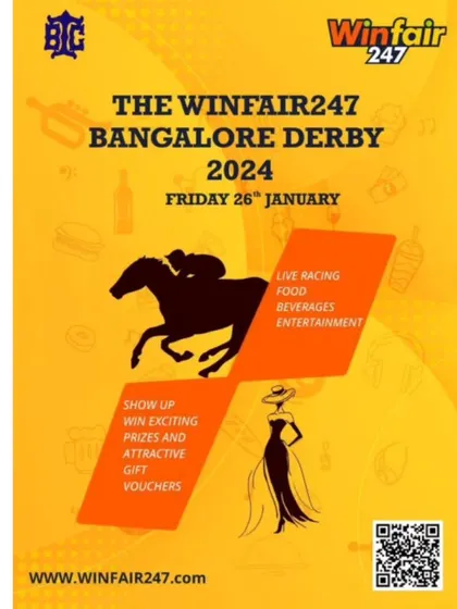 An invitation to the Winfair247 Bangalore Derby, detailing the day's offerings of live racing, food, beverages, and entertainment, along with exciting prizes.
