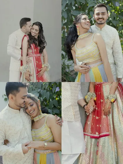 A collage of colorful and happy couple portraits from their pre-wedding events. It showcases their playful and loving relationship in different outfits and settings.