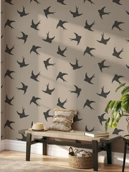 This entryway features our Jet Feathered Creature wallpaper, a simple yet elegant design. The pattern of flying birds adds a sense of freedom and movement to the space.