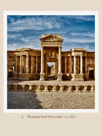 An inspiration board for the 'Lost City' stage, featuring an image of the monumental Roman theatre in Palmyra. This shows our deep reverence for pre-Romanesque architecture.