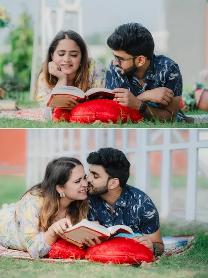 Another angle of the picnic setup, capturing a playful and loving moment between the couple. Our grassy lawns are perfect for these relaxed and natural-looking shots.