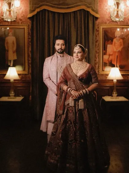 This is the first official picture from a wedding I styled in Jodhpur. The groom looks regal in an old rose sherwani with a dull gold zardozi angarkha. It’s a look that is both classic and royal.