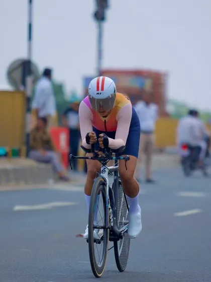 A front-on view of me during the ITT. The focus is intense, with eyes on the road ahead.