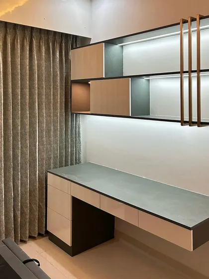 The completed study unit, perfectly matching the render with its sleek lines and integrated LED lighting.