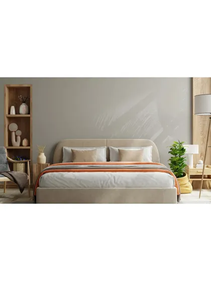 This bedroom embodies minimalist magic with its clean lines and uncluttered feel. The simple platform bed, open shelving, and tripod floor lamp create a stylish and serene space.