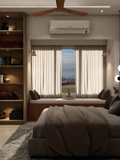 This angle highlights the cozy window seat with built-in storage, a perfect spot for reading or enjoying the view.