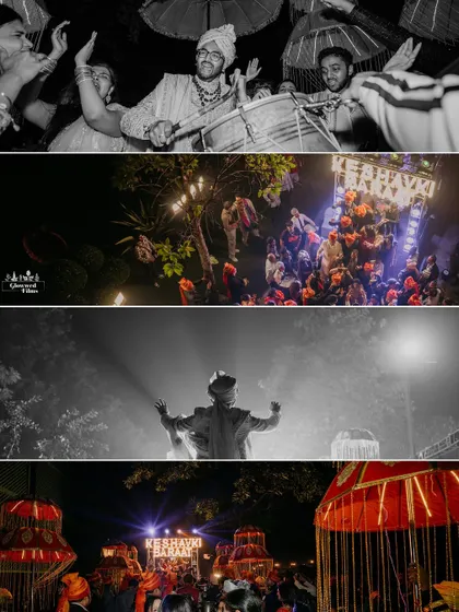 The energy of Keshav's baraat in Agra, complete with dhol players and dancing guests, captured in dramatic black and white and vivid color.