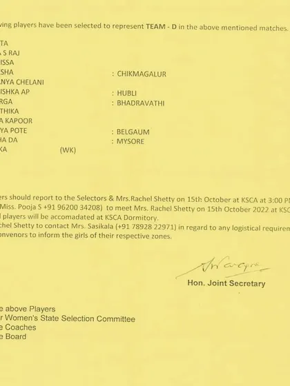 The official notice confirming Clarissa's selection to Team D for the U15 state-level matches. Her dedication is an inspiration to everyone at the academy.