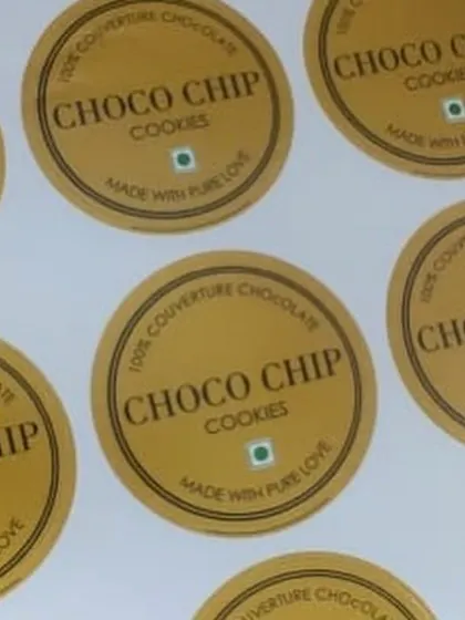 Custom stickers for 'Choco Chip Cookies', designed to match the branding of other products from the same baker.