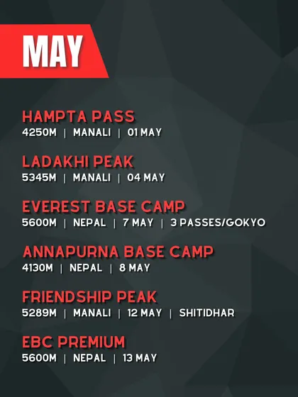 Our trek calendar for May 2025. A busy month with treks like Hampta Pass, Annapurna Base Camp, and multiple batches for Everest Base Camp.