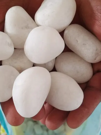 A handful of smooth, white unpolished river pebbles.