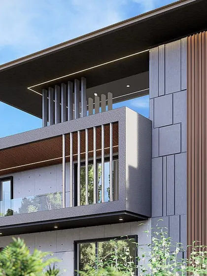 A detailed view of a 600 sq. yard residence, focusing on the facade's material palette. The design layers vertical louvers, stone-textured panels, and smooth grey surfaces for a complex, modern look.