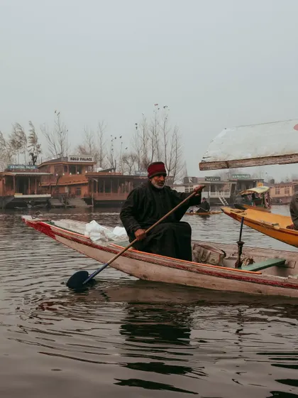 A timeless moment on Dal Lake, Kashmir. A boatman paddles his shikara through the calm, misty waters.