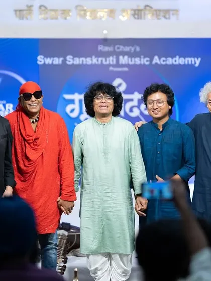 A memorable photograph with musical legends Sivamani ji, Fazal Qureshi ji, Taufiq Qureshi ji, and Manas Kumar ji at Guruvandan 2024. Their presence and blessings mean the world to me and my students.
