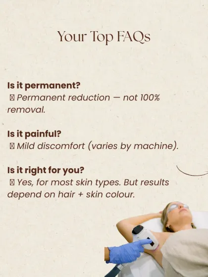 Here are the answers to your top questions. This infographic clarifies that laser offers permanent hair *reduction*, not 100% removal. It also touches on the sensation, which is typically a mild discomfort, and confirms its suitability for most Indian skin types when performed correctly.