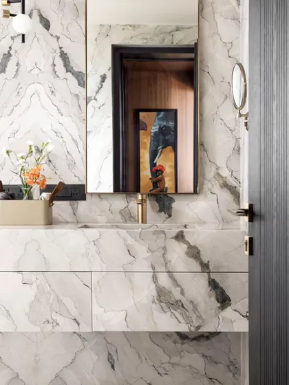 Another view of the vanity, a testament to meticulous craftsmanship where every vein in the marble is perfectly aligned.