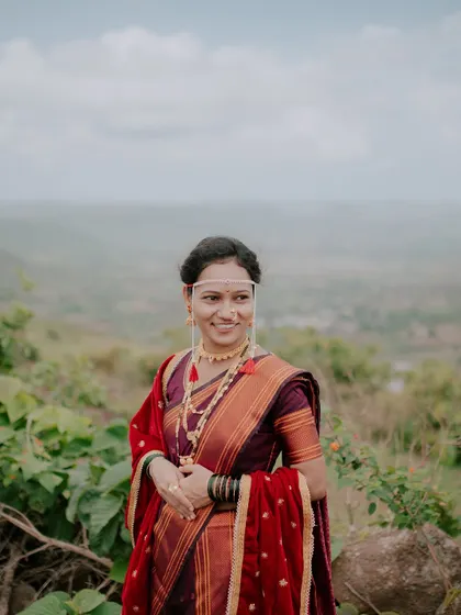 A close-up of the bride in her traditional Maharashtrian wedding attire for the pre-wedding shoot.