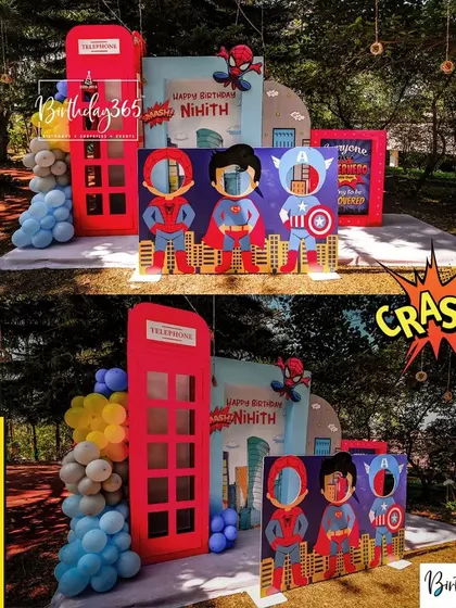 A two-panel shot of our interactive superhero photo booth, complete with a classic red telephone booth and cutouts for kids to become their favorite characters.