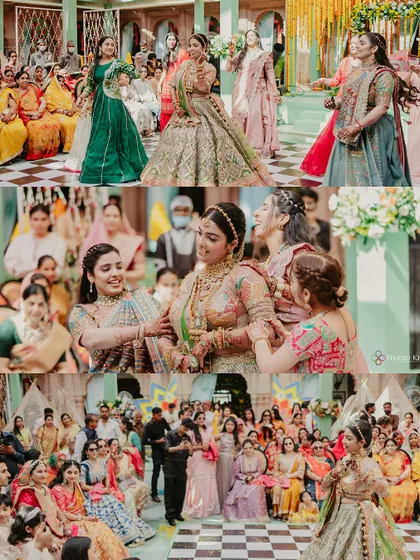 A collage capturing the lively and colorful atmosphere of the Mehendi ceremony, with guests and family celebrating.