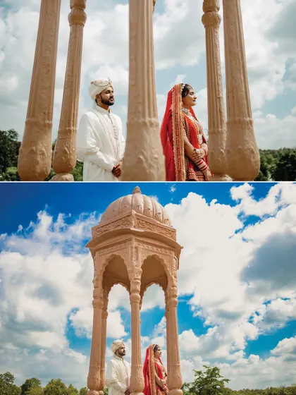 This collage uses the architectural pillars to frame the couple, creating a sense of depth and intimacy. The low-angle shot against the blue sky adds to the grandeur.