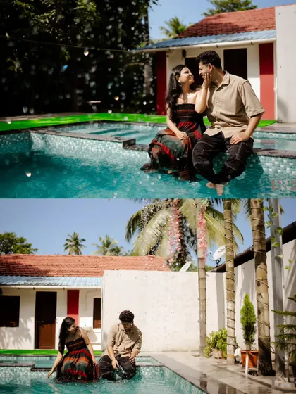 Splashing around and enjoying the water. A poolside shoot is a great way to capture carefree, fun-loving moments, especially in a beautiful villa setting.