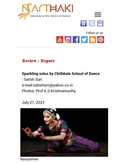 The full review of my solo recital from Narthaki.com, titled 'Sparkling solos by Chithkala School of Dance.'