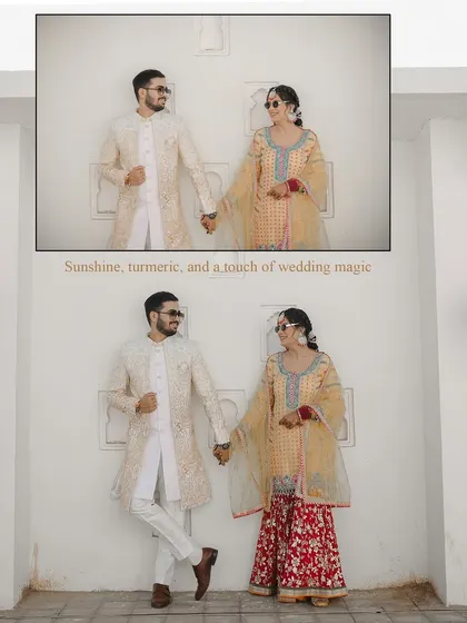 A beautiful portrait of the couple against a clean, white architectural backdrop. This image highlights their stylish Haldi outfits and their happy, relaxed connection.