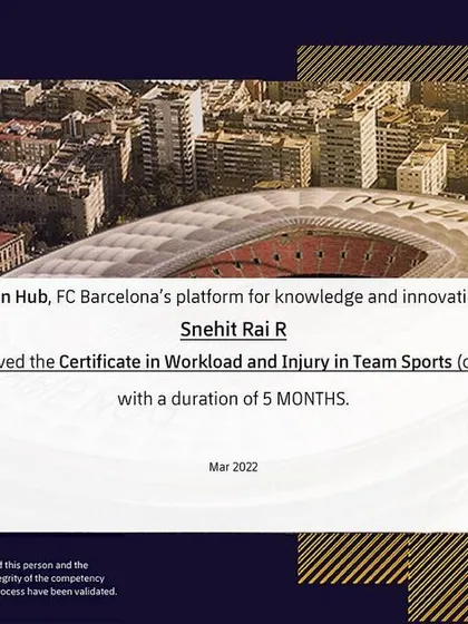 My certificate from the Barça Innovation Hub for a course in Workload and Injury in Team Sports, which deepened my understanding of managing athlete health and performance.