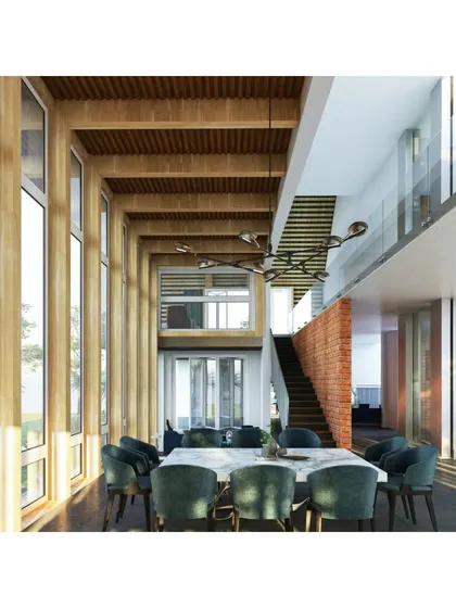A proposed residence in Tamil Nadu using Glulam (glued laminated timber) beams. The double-height dining space with its exposed timber structure and high ceilings is designed to stay cool in the region's hot climate.