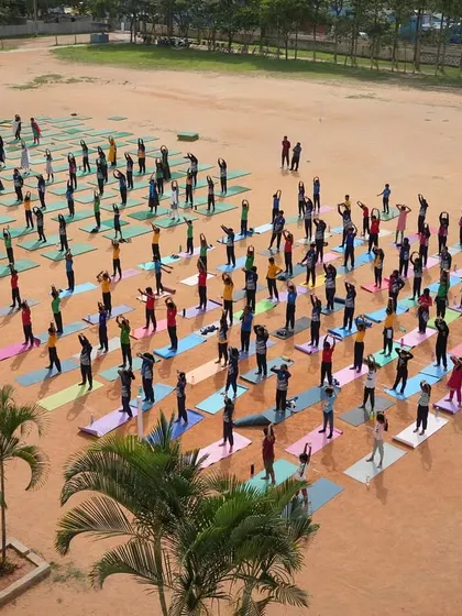 An aerial view of our massive Yoga Day celebration. It was amazing to see so many children moving and breathing together.