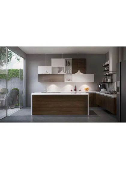 This kitchen combines dark wood cabinets with white, open-box shelving for a balanced look. The design is both practical and stylish, with a layout that opens to an outdoor patio.
