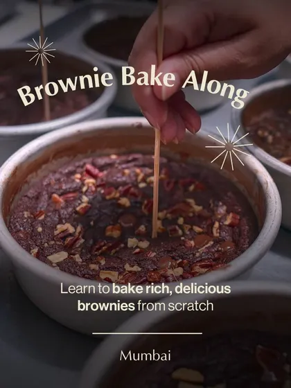 An invitation to our brownie bake-along in Mumbai. This workshop is all about learning to bake rich, delicious brownies from scratch, perfect for any chocolate lover.