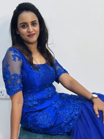 Embracing the power of royal blue for Navaratri Day 7 in a custom-designed gown.