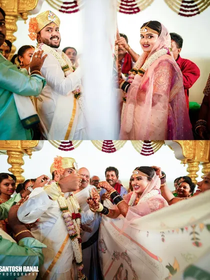 A collage of the jeerige bella ceremony, a playful and significant ritual in South Indian weddings.