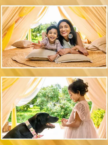 A collage showing the sweet interactions between a girl, her mom, and their dog.