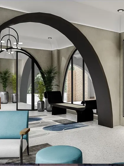 Another view of the Appaswamy ARCUS lobby concept. The interplay of arches creates a rhythmic and sculptural quality, guiding movement and framing views through the space.