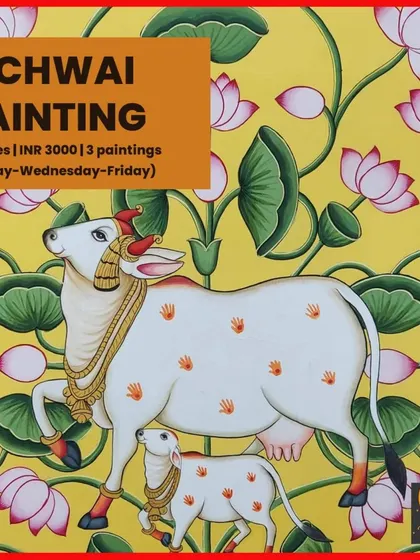 Our Pichwai painting course poster, featuring a beautiful Gau Mata (cow) artwork. This course covers three traditional Pichwai paintings of increasing difficulty.