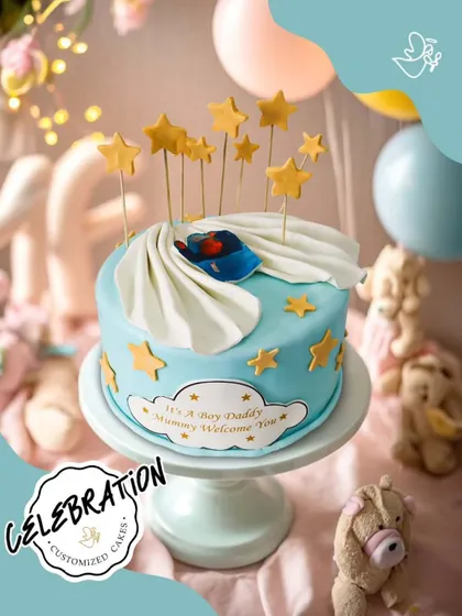 A little star has arrived! This dreamy blue baby shower cake was made for the Manchanda family in Punjabi Bagh to welcome their baby boy, complete with fondant stars and a sleeping baby topper.