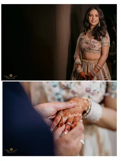 A diptych showing a portrait of the beautiful bride-to-be and the moment the ring is placed on her finger, capturing the essence of the engagement ceremony.